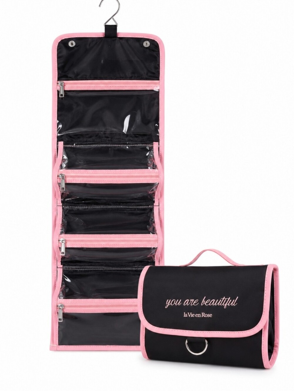 La Vie en Rose NWT Black Pink Hanging Travel Toiletry Cosmetic Organizer Bag